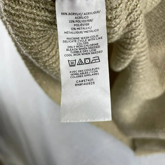 Loft Sweater Women's Sz 14 Plus Beige Knitted V-Neck Gold Metallic Tie-Back - Picture 11 of 12